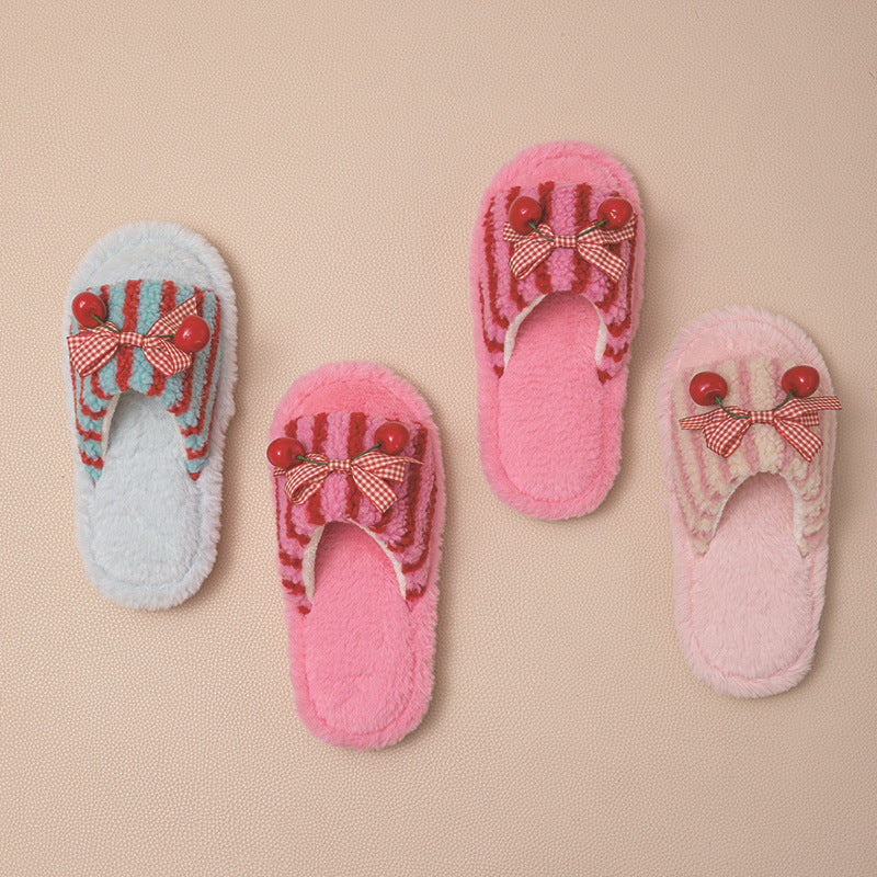 Contrast Color Cherry Open Plush Slippers