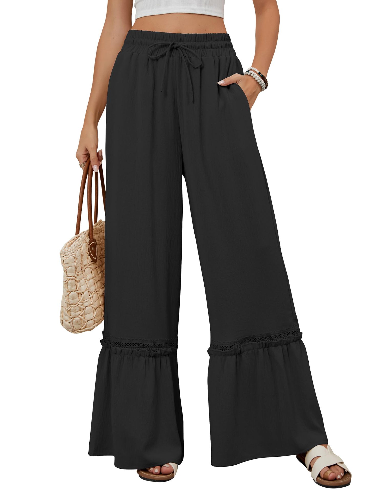 Solid Color High Waist Casual Pants Women's Drawstring Wide Leg Pants