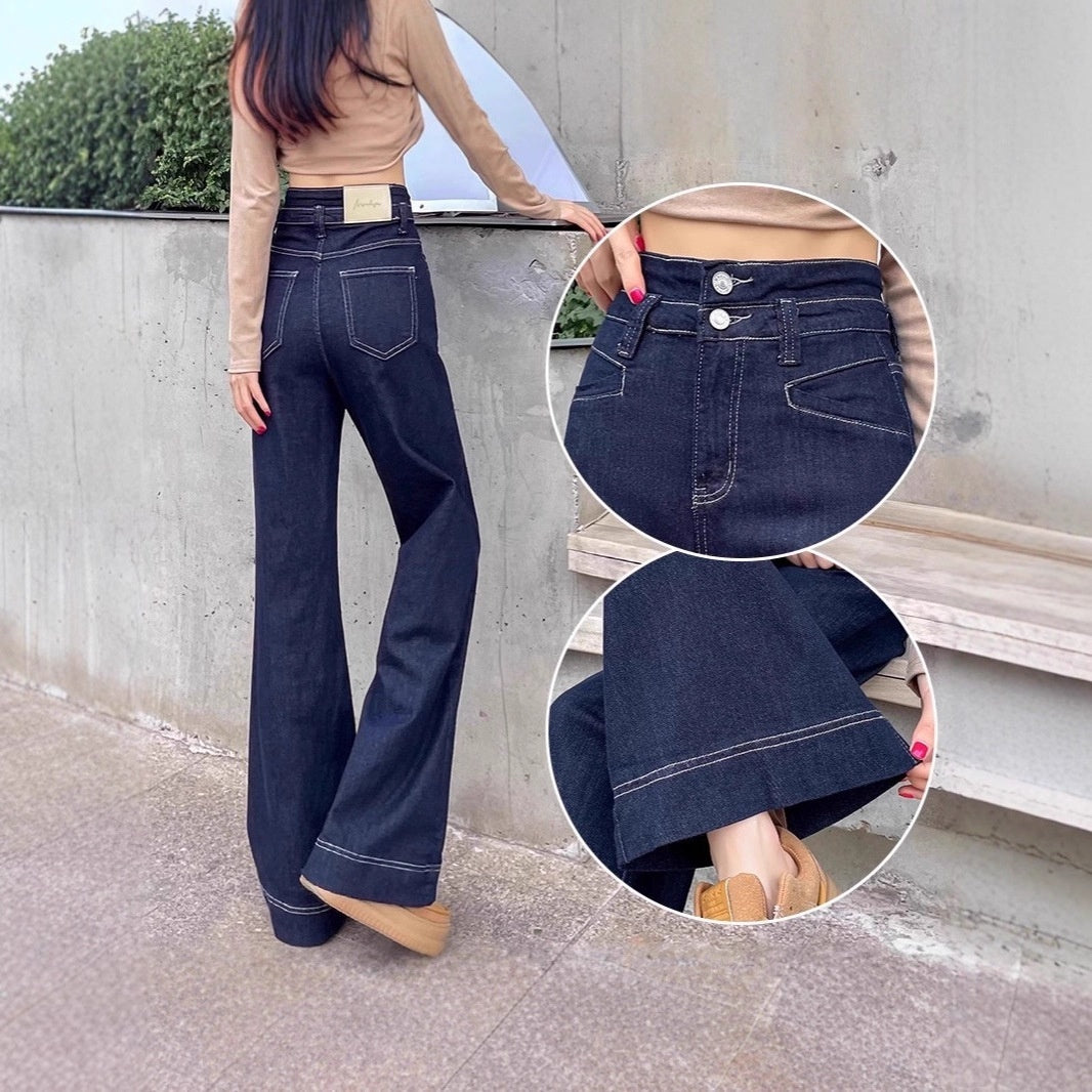 Loose High-waisted Flared Deep Blue Fleece-lined Wide-leg Jeans