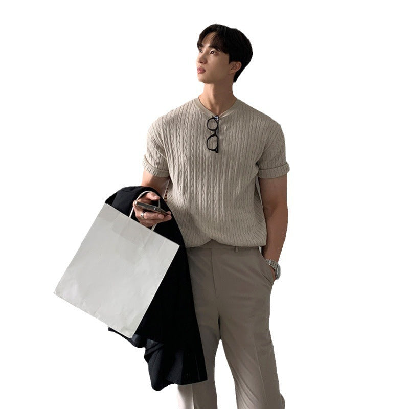 Casual Pure Color All-matching Knitted T-shirt For Men