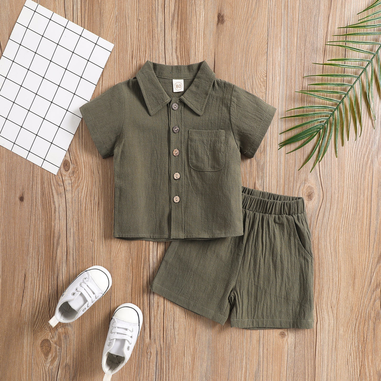 Cotton And Linen Short-sleeved Lapel Polo Shirt Solid Color Boys' Two-piece Suit