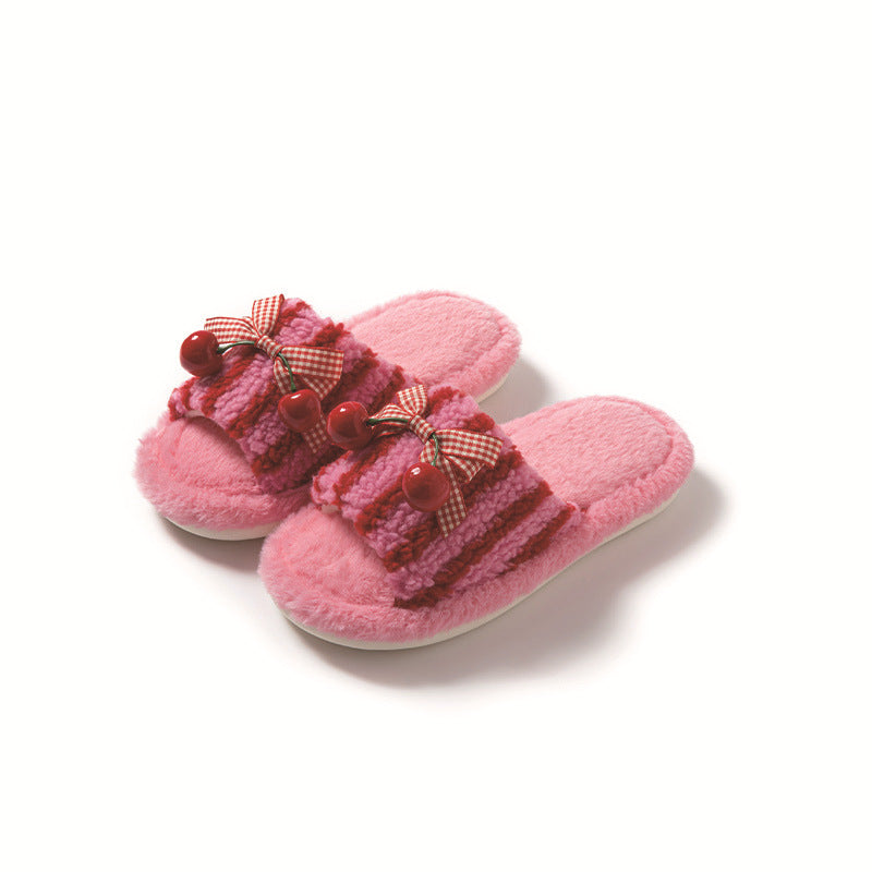 Contrast Color Cherry Open Plush Slippers