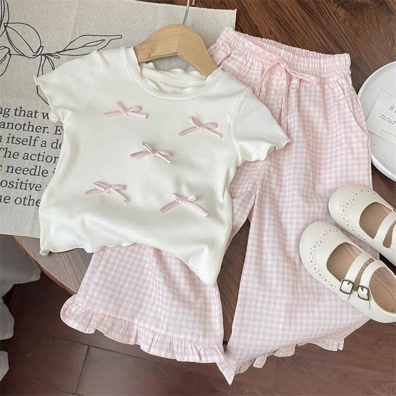Sweet Plaid Flared Wide Leg Pants Ruffled Two-piece Set