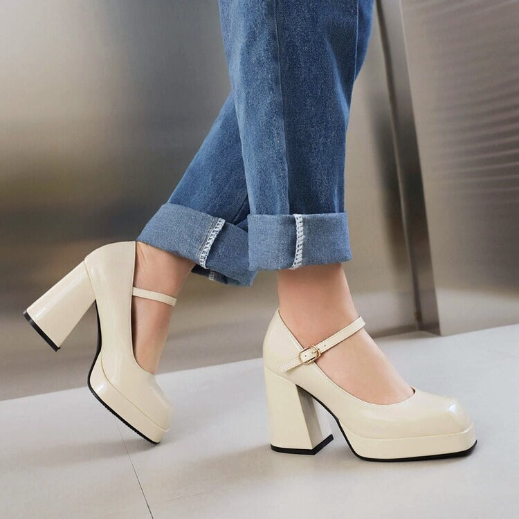 Spring Summer New Women's Shoes Mary Jane High Heels Patent Leather Square Toe