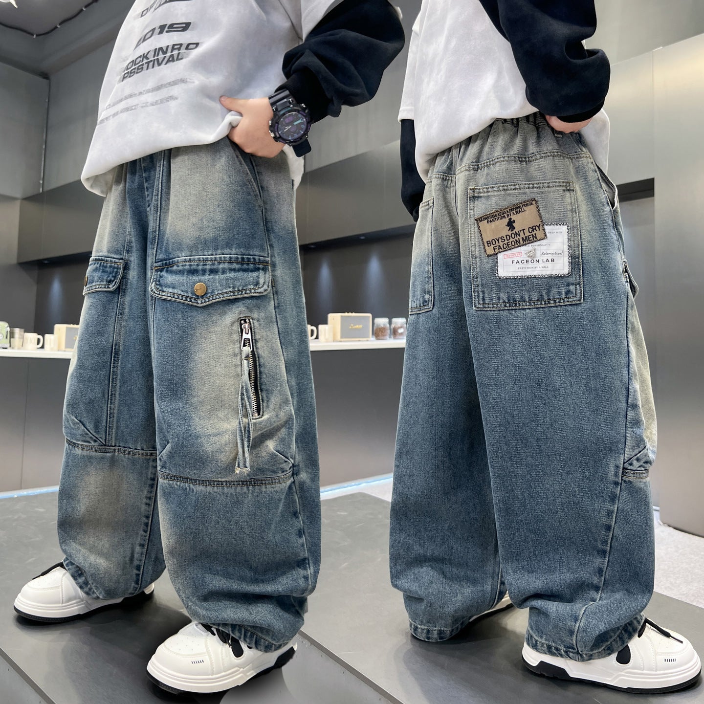 Simple And Versatile Boys' Pants Loose Cargo Jeans