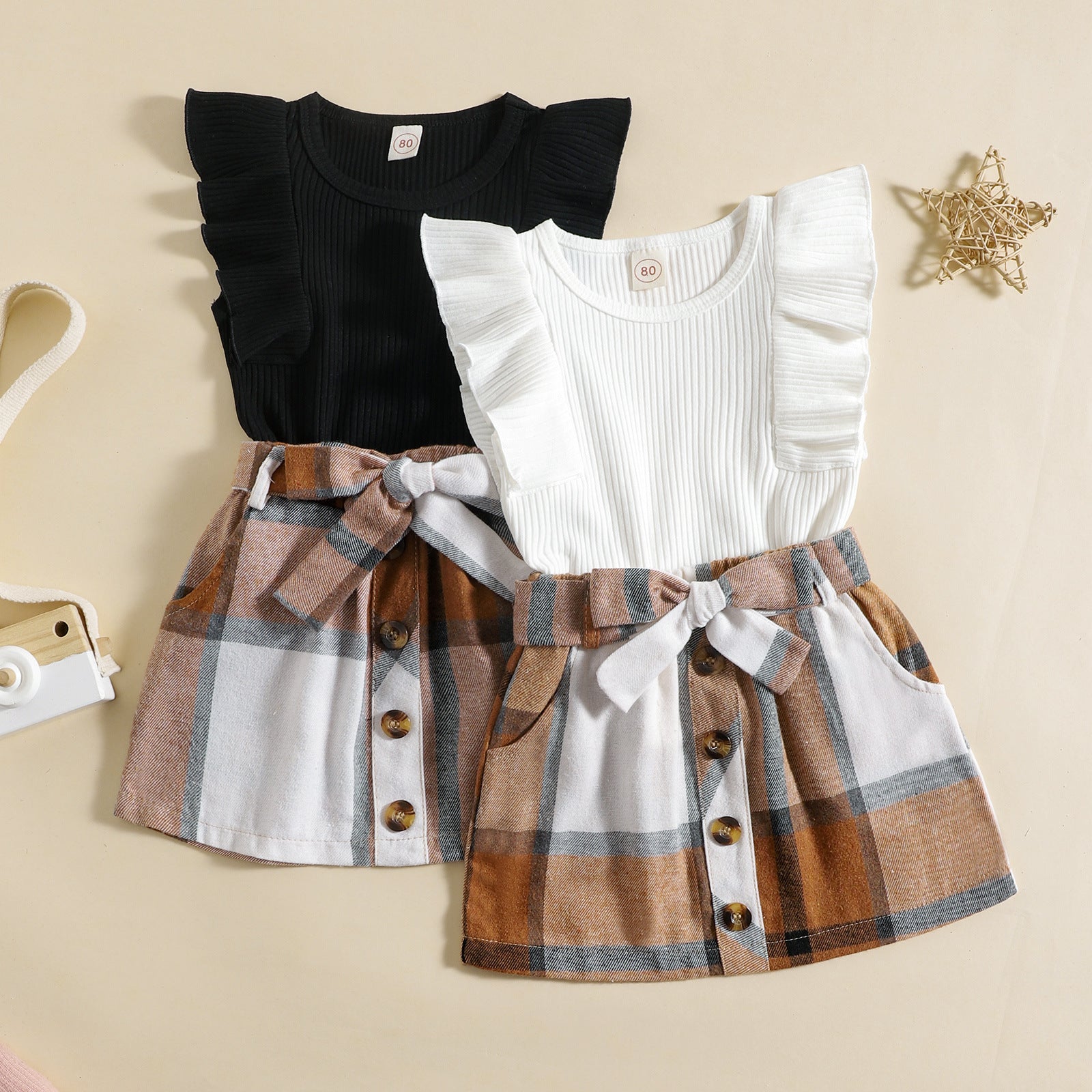 Flying Sleeve Plaid Skirt Two-piece Suit