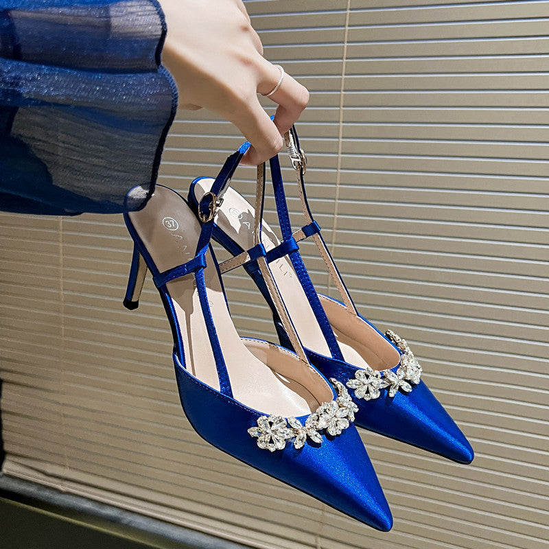 French Style Temperament Evening Dress High Heels Rhinestone Closed Toe Sandals