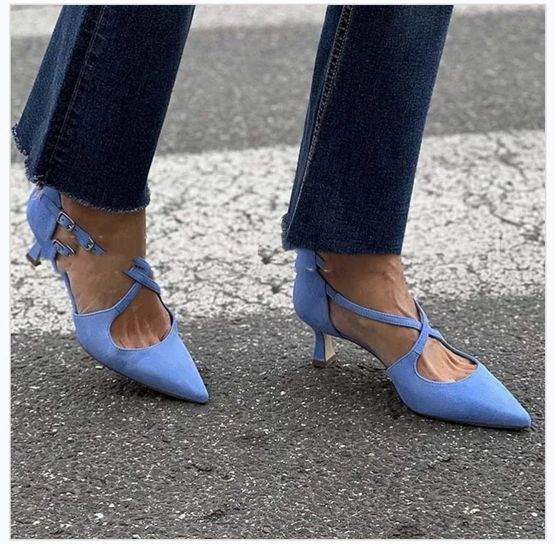 Plus Size Pointed Toe Suede Cross Buckle Strap Hollowed Sandals