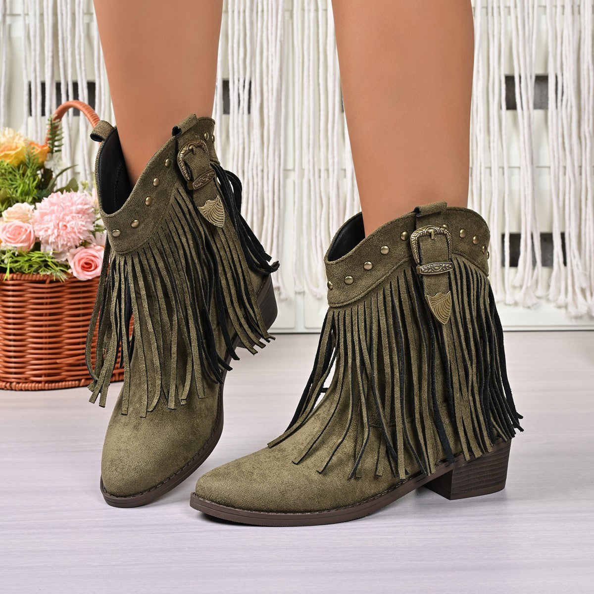 Retro Pointed Plus Size Bootie Ladies Tassel Western Cowboy Boot