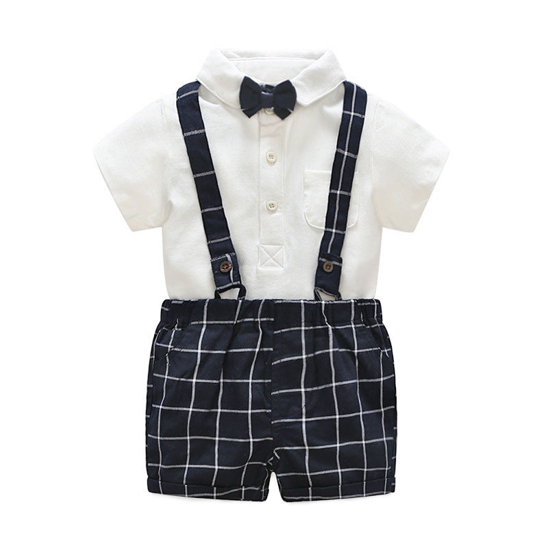 Children's Short-sleeved Knitted One-piece Romper Sheath Romper Plaid Suspender Pants