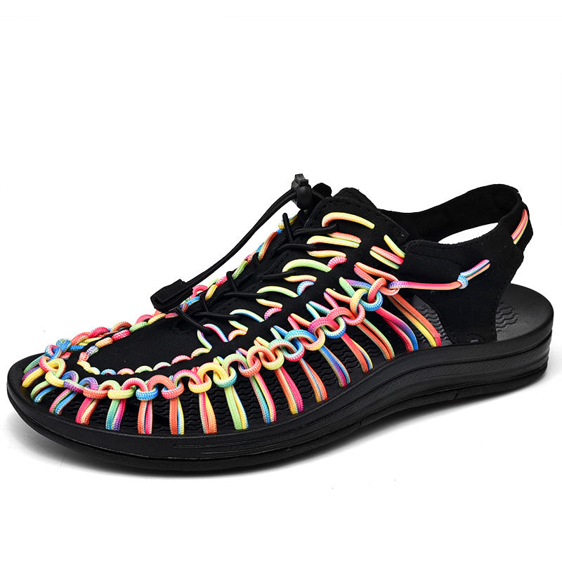 Fashion Woven Sandals Women Men Drawstring Tie Roman Shoes Summer (Available)