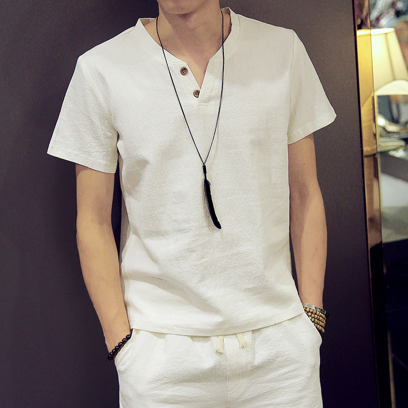 Summer Linen Short-Sleeved T-Shirt Men's Top