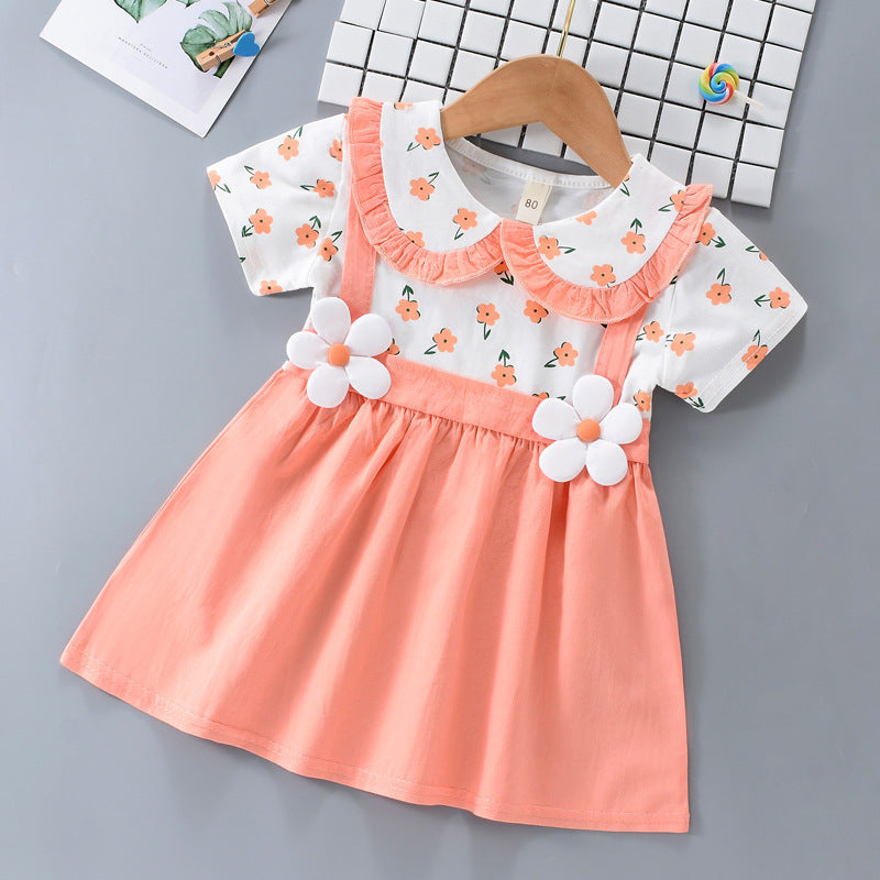 Girls' Cute Fake Two-piece All-match Short Sleeve Dress