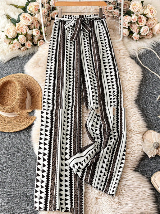 Striped Digital Printing Wide Leg Leisure Slim Fit Tied Cropped Pants