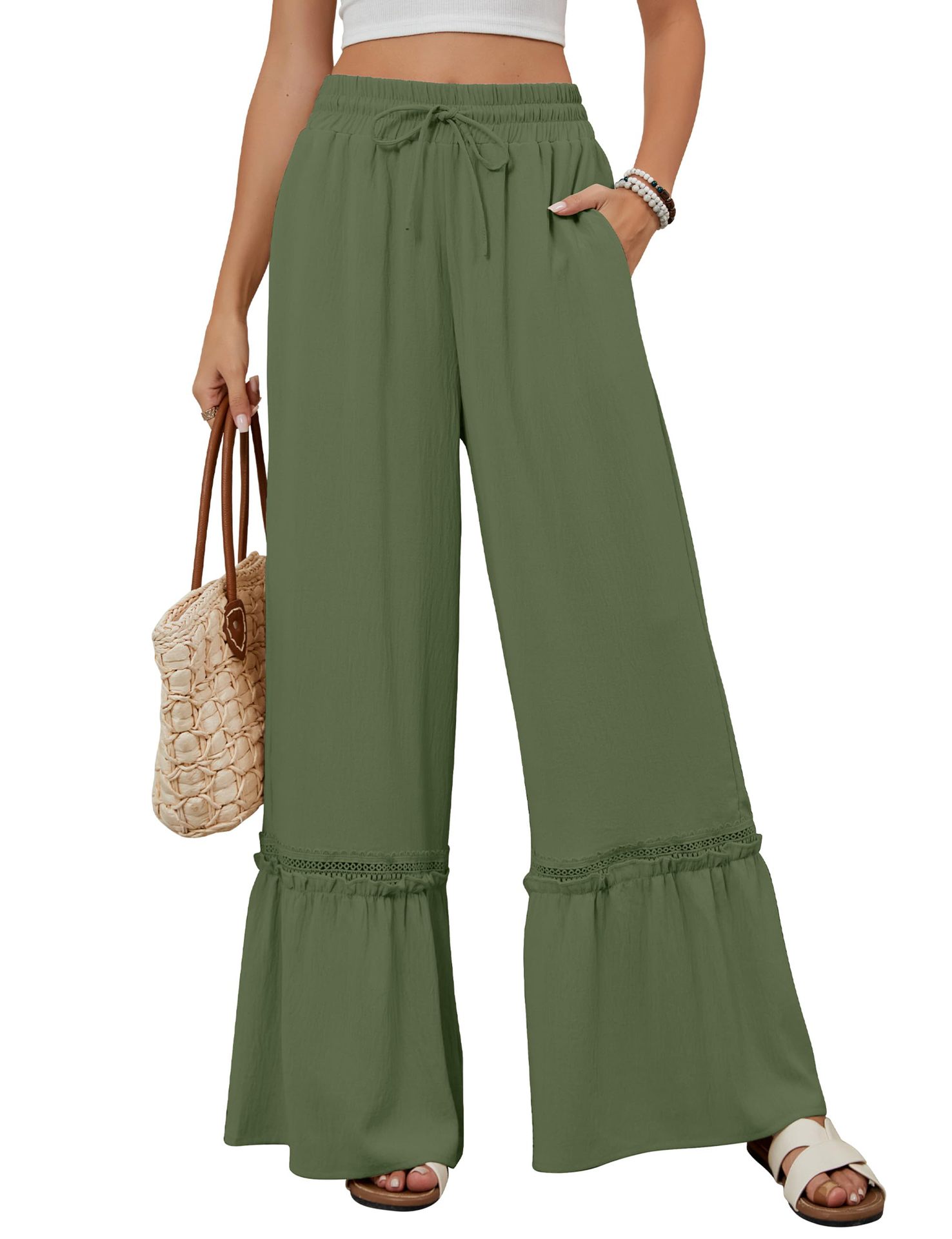 Solid Color High Waist Casual Pants Women's Drawstring Wide Leg Pants
