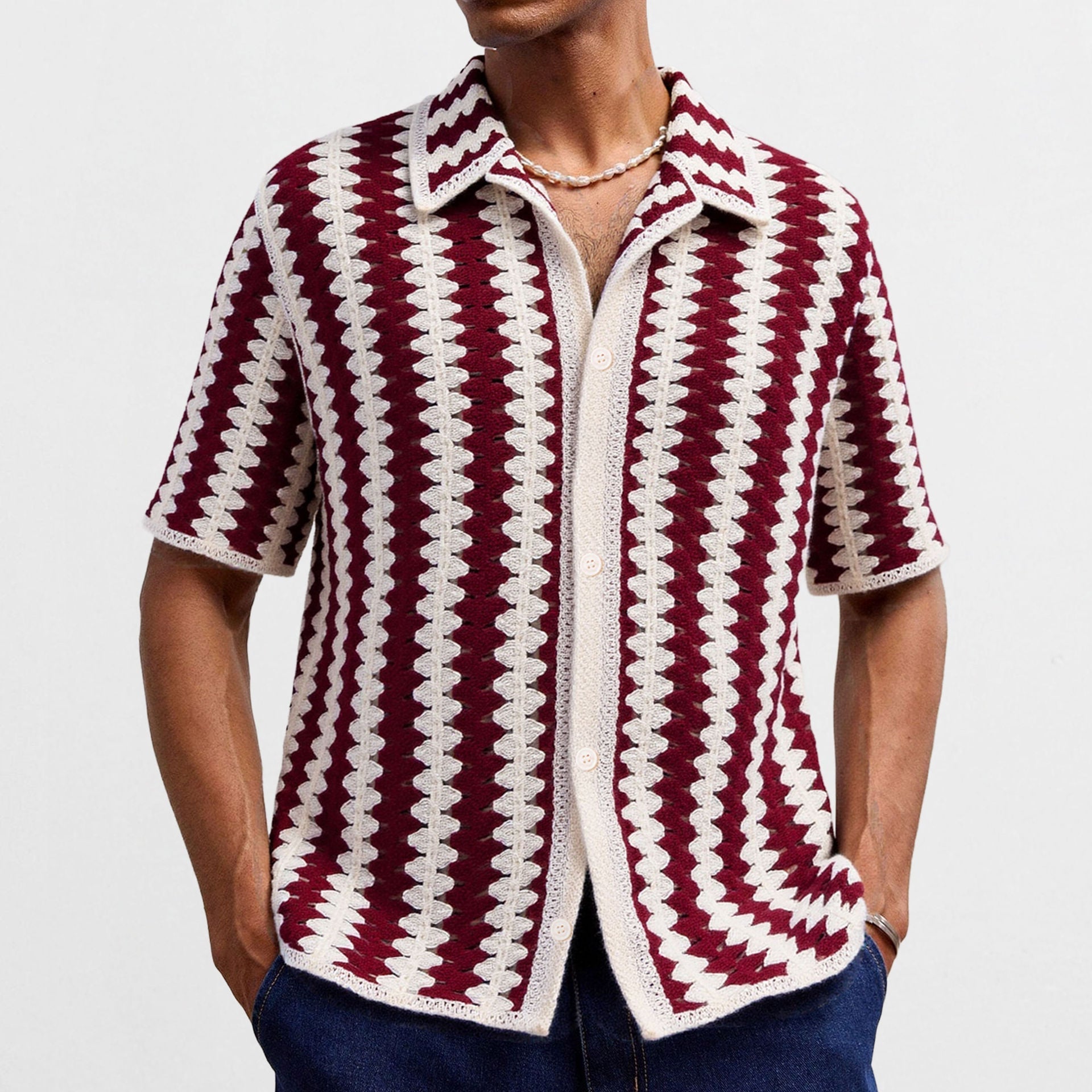Vintage Stripe Knitwear Crocheted Short-sleeved Hollow Shirt
