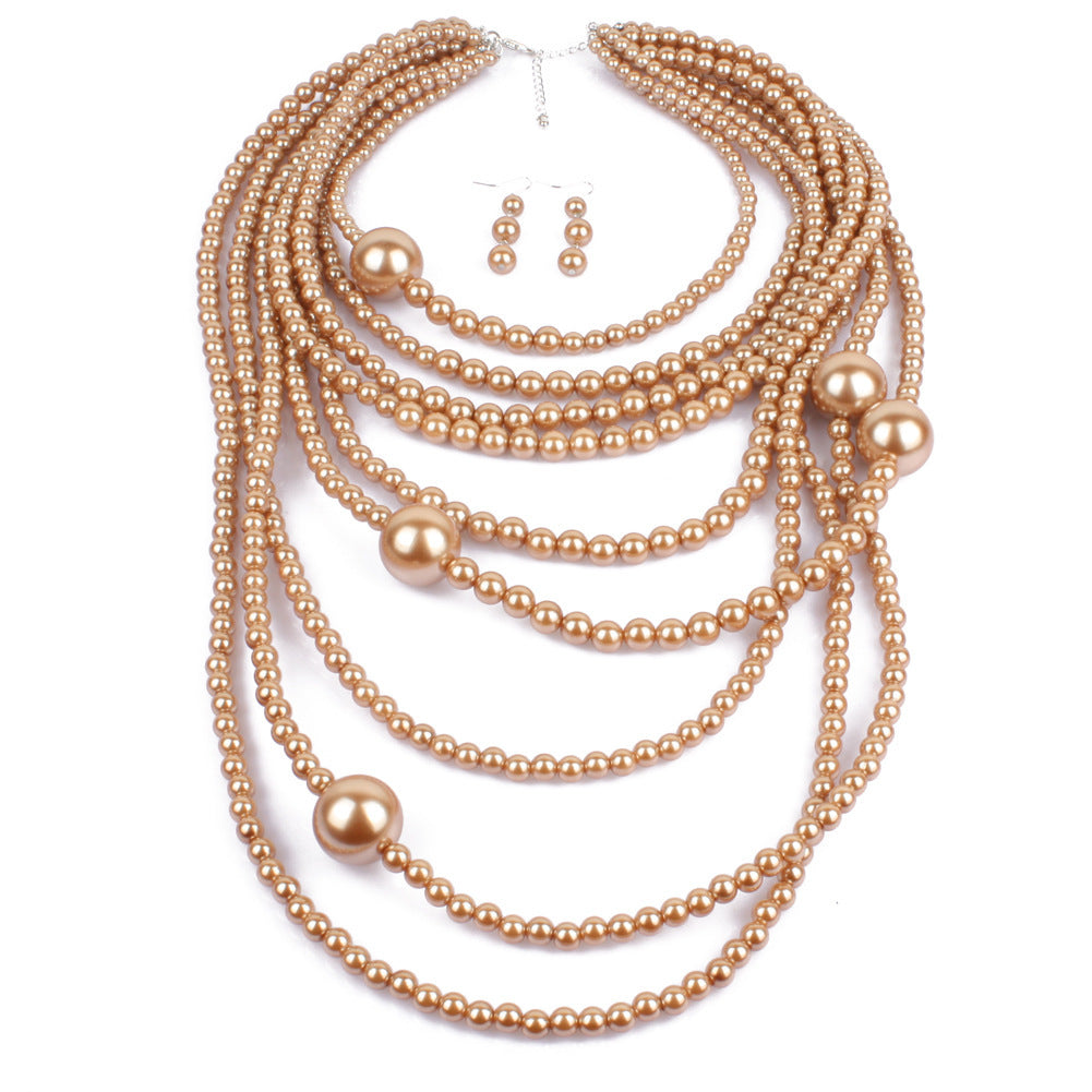 Fashion Exaggerated Multi Layer Pearl Necklace Set