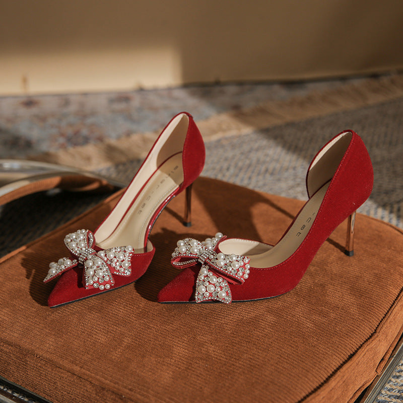 Women's Stiletto Heel Pointed Toe Side Empty Rhinestone Bow Pumps