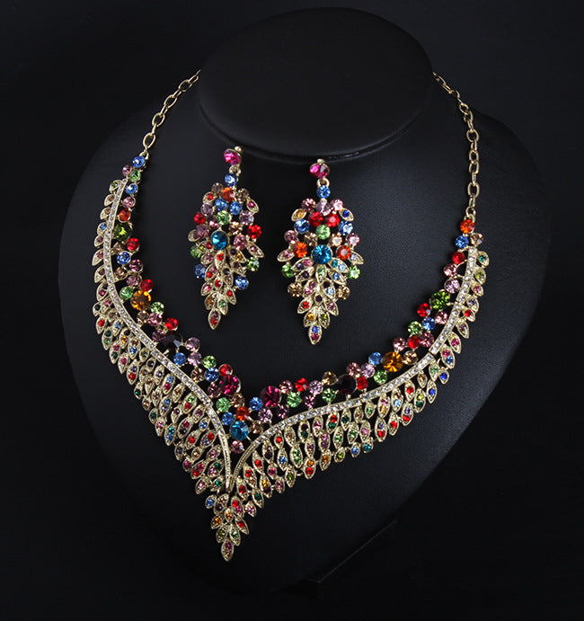 Full Rhinestone Color Clavicle Necklace And Earring Set