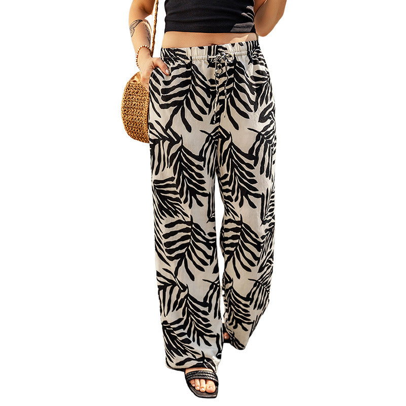 Drawstring High Waist Casual Green Leaf Printed Wide Leg Pants