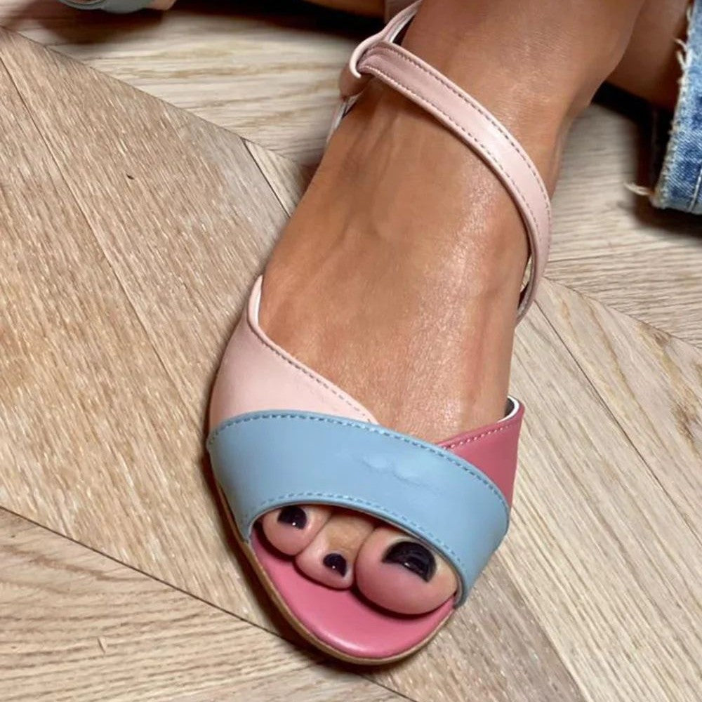 Color Block Open Toe Low Heel Buckle Preppy Style Sandals