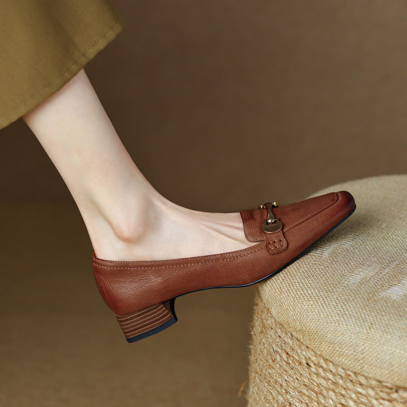 Spring And Autumn New Retro Square Toe Leather Shoes For Women