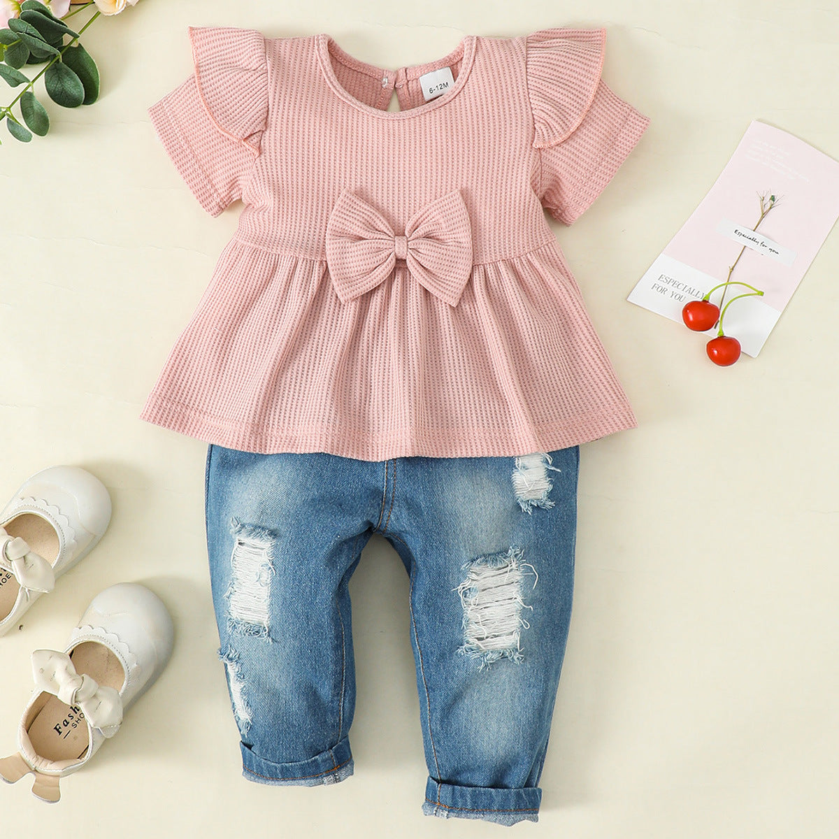 Girls' Solid Color Round Neck Short Sleeves Ruffled Denim Two-piece Suit