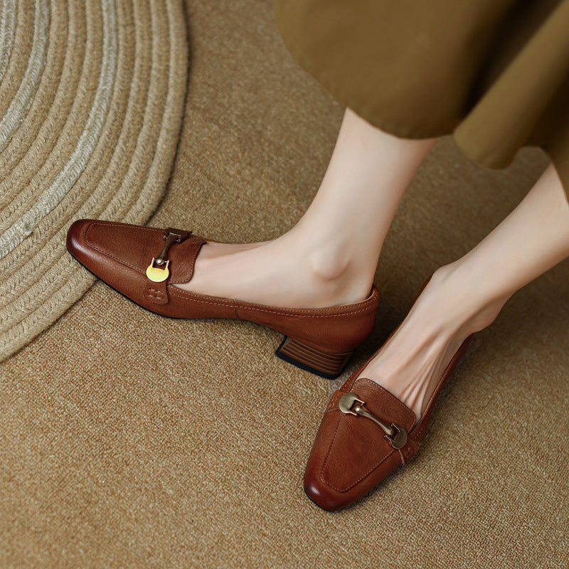 Spring And Autumn New Retro Square Toe Leather Shoes For Women