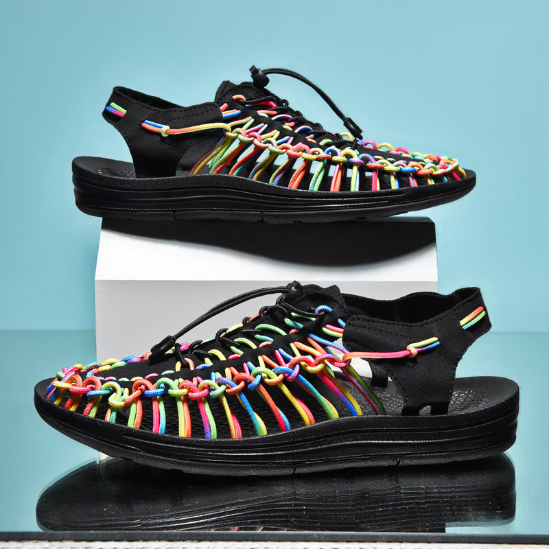 Fashion Woven Sandals Women Men Drawstring Tie Roman Shoes Summer (Available)
