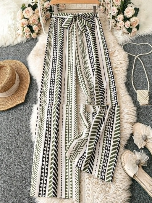 Striped Digital Printing Wide Leg Leisure Slim Fit Tied Cropped Pants