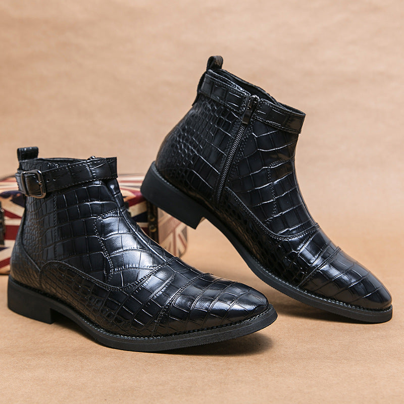 Men's Crocodile Pattern Boots Fashion Pointed Toe Low Square Heel Buckle Zipper Ankle Boots Business Formal Leather Shoes   (Available)