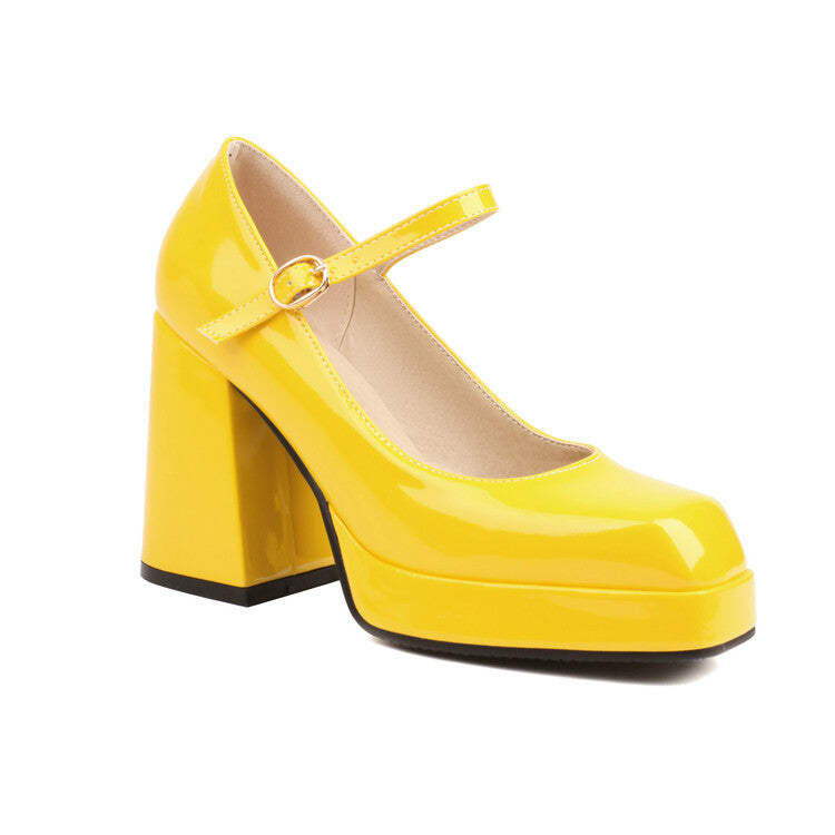 Spring Summer New Women's Shoes Mary Jane High Heels Patent Leather Square Toe