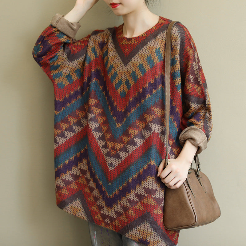 Autumn New Large Size Loose Artistic Retro Long Sleeve Striped All-matching Casual Printed Sweater Top Women's Clothing