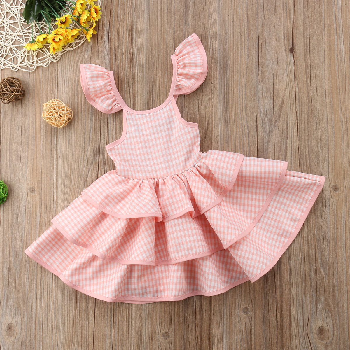 Plaid Backless Flying Sleeve Lace Up Dress Children's Sling Cake Dress