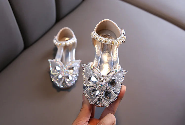 2024 New Children's Party Wedding Children Shoes Sequin Lace Bow Kids Shoes Cute Pearl Princess Dance Single Casual Girls Shoe