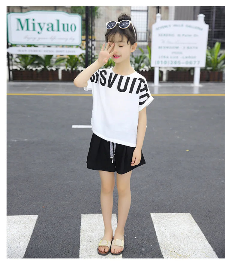 Kids Clothes for Girls Summer Short Sleeve Outfits Irregular Tops + Shorts Teen Girl Clothing Sets School Children's Costume