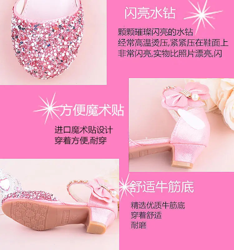 New Children Princess Beading Sandals Kids Flower Wedding Shoes High Heels Dress Shoes Party Shoes for Girls Pink Silver purple