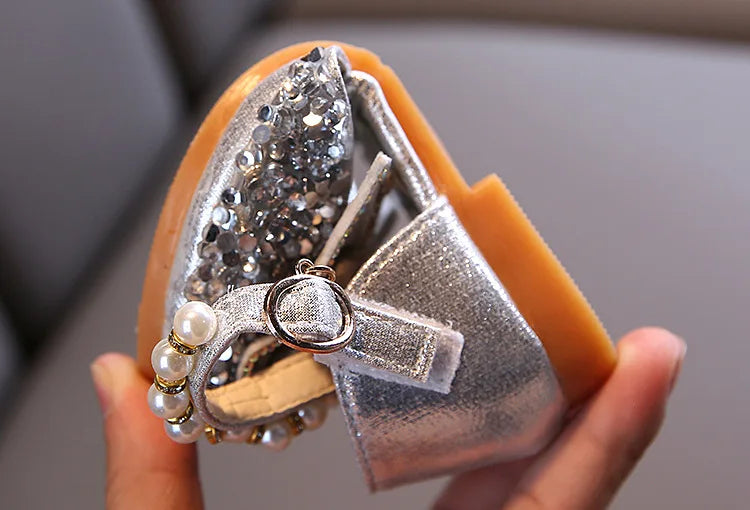 2024 New Children's Party Wedding Children Shoes Sequin Lace Bow Kids Shoes Cute Pearl Princess Dance Single Casual Girls Shoe
