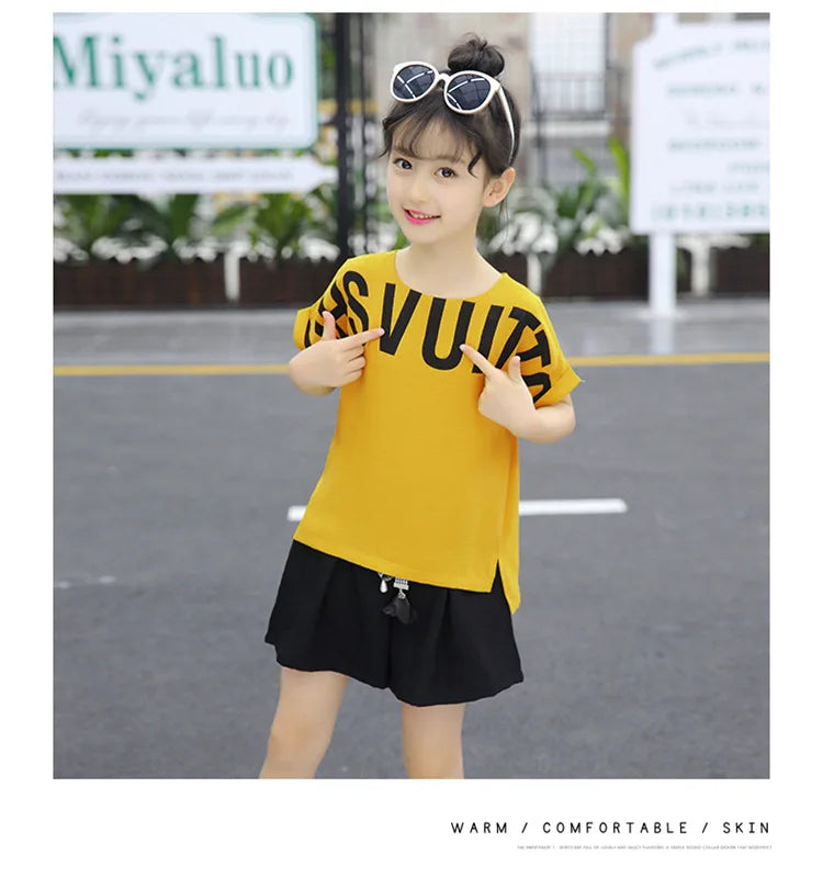 Kids Clothes for Girls Summer Short Sleeve Outfits Irregular Tops + Shorts Teen Girl Clothing Sets School Children's Costume