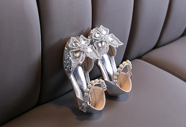 2024 New Children's Party Wedding Children Shoes Sequin Lace Bow Kids Shoes Cute Pearl Princess Dance Single Casual Girls Shoe