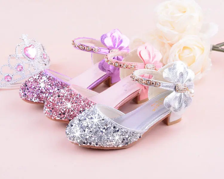 New Children Princess Beading Sandals Kids Flower Wedding Shoes High Heels Dress Shoes Party Shoes for Girls Pink Silver purple