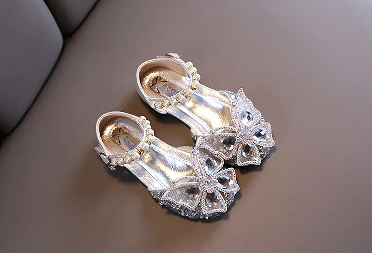 2024 New Children's Party Wedding Children Shoes Sequin Lace Bow Kids Shoes Cute Pearl Princess Dance Single Casual Girls Shoe