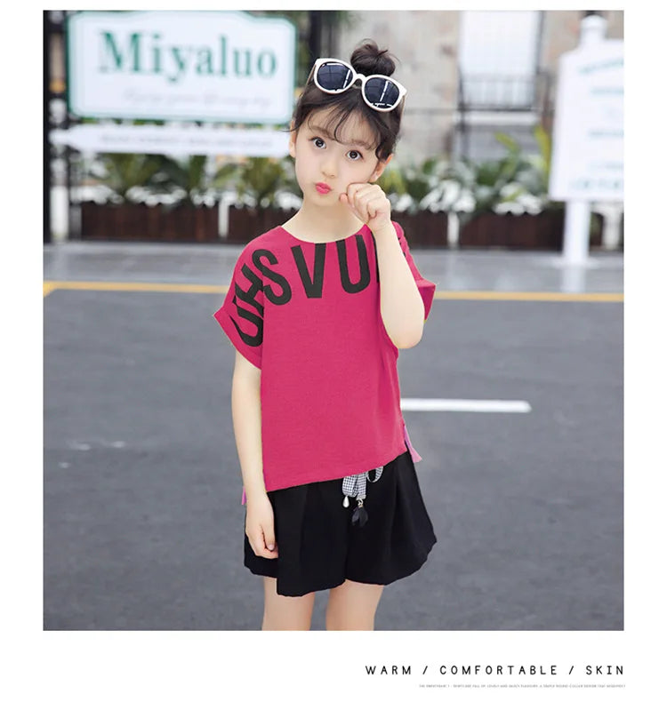 Kids Clothes for Girls Summer Short Sleeve Outfits Irregular Tops + Shorts Teen Girl Clothing Sets School Children's Costume