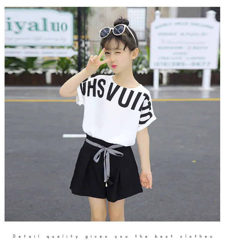 Kids Clothes for Girls Summer Short Sleeve Outfits Irregular Tops + Shorts Teen Girl Clothing Sets School Children's Costume