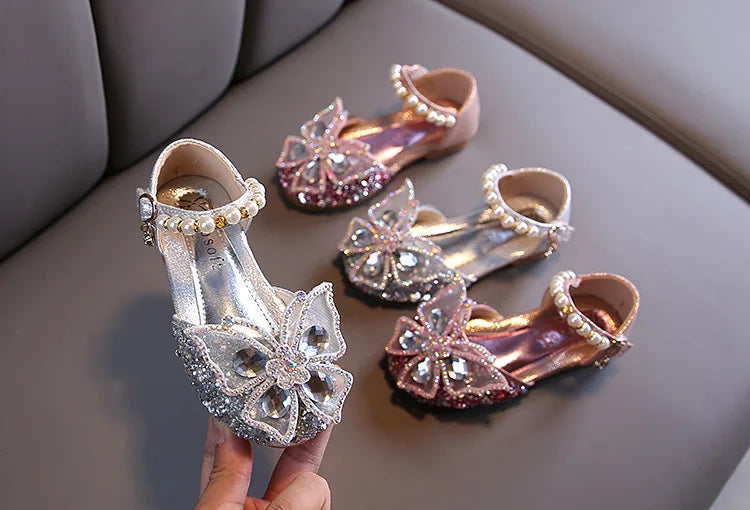 2024 New Children's Party Wedding Children Shoes Sequin Lace Bow Kids Shoes Cute Pearl Princess Dance Single Casual Girls Shoe