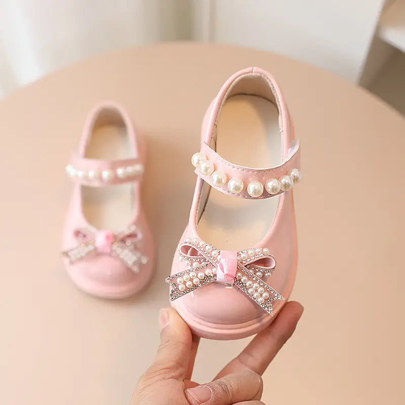 Kids Fashion Pearl Bow Knot PU Leather Princess Shoes for Girls Butterfly Baby Shoes