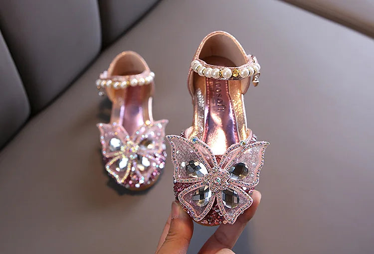 2024 New Children's Party Wedding Children Shoes Sequin Lace Bow Kids Shoes Cute Pearl Princess Dance Single Casual Girls Shoe