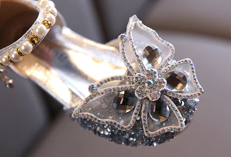 2024 New Children's Party Wedding Children Shoes Sequin Lace Bow Kids Shoes Cute Pearl Princess Dance Single Casual Girls Shoe