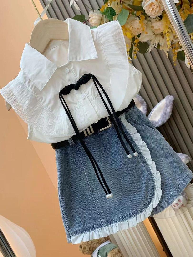 Girls princess style suit 2025 summer new baby girl flying sleeve shirt + denim lace skirt pants two-piece suit