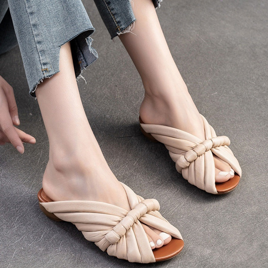 Women's Flat Slippers Summer Wear Genuine Leather Single Strap Slides